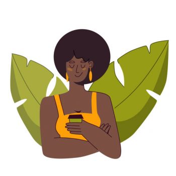Attractive african american plus size female model with a small cup of coffee in her hand. Smiling and relaxed. Afro hairstyle and yellow top. Vector illustration isolated on green leaves background. Half-length portrait.